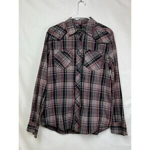 Affliction Men's Med Black/Red/Gray Embroidered Long Sleeve Plaid Shirt 01WV4108